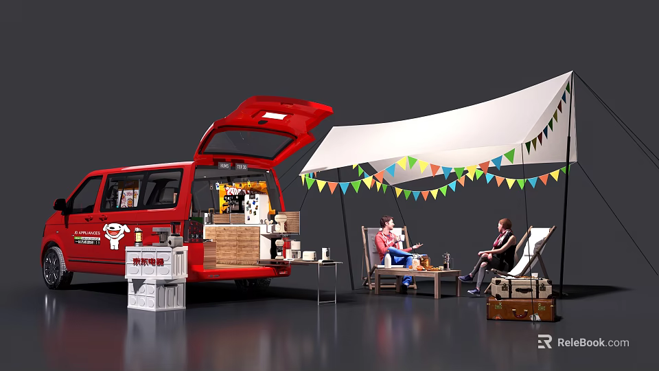 Red Van With Open Door And White Tent Setup For Outdoor Gathering With Colorful Bunting 3d model 