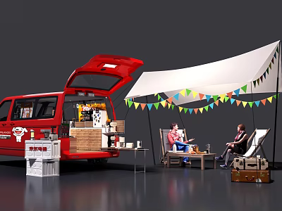 Red Van With Open Door And White Tent Setup For Outdoor Gathering With Colorful Bunting 3d model