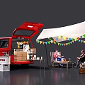 Red Van With Open Door And White Tent Setup For Outdoor Gathering With Colorful Bunting