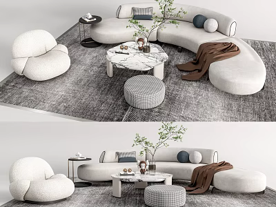 Modern Curved Sofa Coffee Table Set With Marble Top Decorative Pillows Throw Blanket Accent Chair 3d model