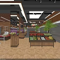 Modern Supermarket Interior Design With Fresh Fruit Display Stalls Shelves And Bright Lighting