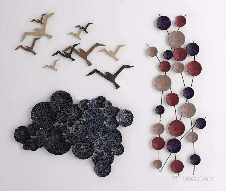 Creative Wall Decor With Bird Shaped And Circular Wooden Hanging Ornaments 3d model