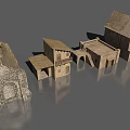 Historical Architectural Structures Displayed in Row with Stone Walls Tower and Arched Doorways