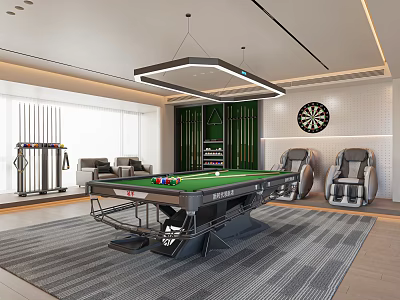 Modern Billiard Room With Green Table Comfortable Seats Dartboard And Gray Carpet 3d model