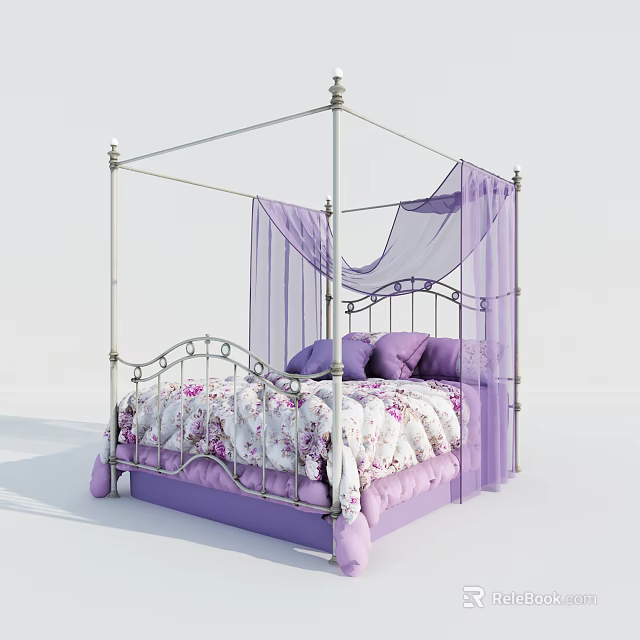 Elegant Four Poster Double Bed With Purple Canopy Curtains And Floral Quilt 3d model 
