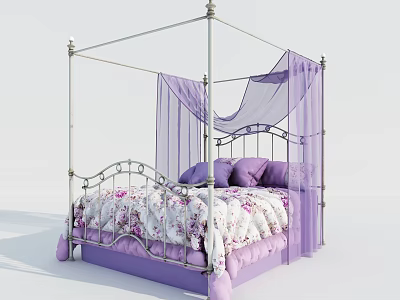 Elegant Four Poster Double Bed With Purple Canopy Curtains And Floral Quilt 3d model