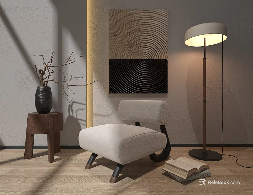 Modern Minimalist Single Sofa with Stool Vase Floor Lamp Wall Art on Wooden Floor 3d model 