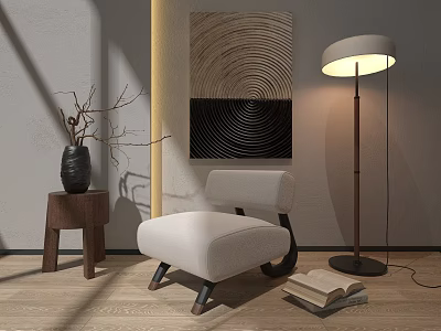 Modern Minimalist Single Sofa with Stool Vase Floor Lamp Wall Art on Wooden Floor 3d model