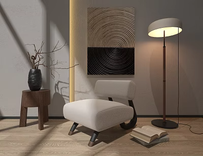 Modern Minimalist Single Sofa with Stool Vase Floor Lamp Wall Art on Wooden Floor 3d model