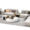 Modern Light Gray Sofa With Round Coffee Table Decorative Pillows And Neutral Rug 3d model