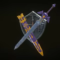 Ornate Medieval Shield And Sword With Blue Surface Red Emblem Yellow Accents