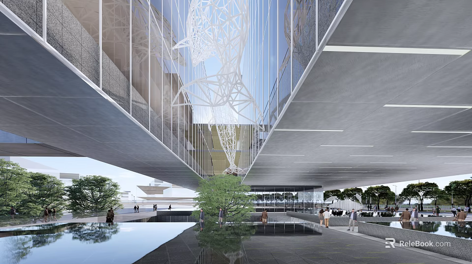Modern Sales Office Building With Glass Curtain Wall Metal Frame Water Pool And Trees 3d model 