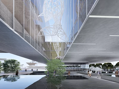Modern Sales Office Building With Glass Curtain Wall Metal Frame Water Pool And Trees 3d model