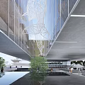 Modern Sales Office Building With Glass Curtain Wall Metal Frame Water Pool And Trees