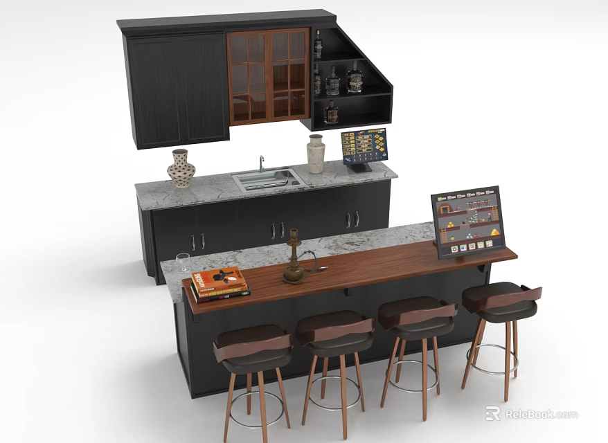 Modern Kitchen Bar Furniture With Black Cabinets Marble Countertop And Wooden Bar Stools 3d model 