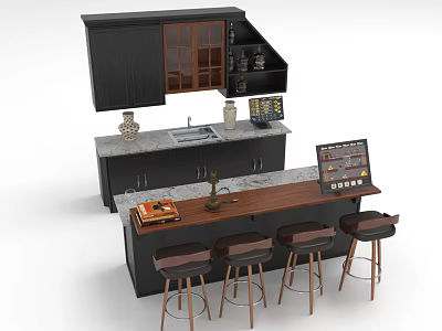Modern Kitchen Bar Furniture With Black Cabinets Marble Countertop And Wooden Bar Stools 3d model