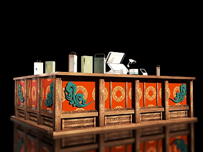 Traditional Open Kitchen Counter With Red Panels Green Patterns And Wooden Frame 3d model