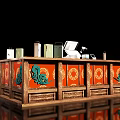 Traditional Open Kitchen Counter With Red Panels Green Patterns And Wooden Frame
