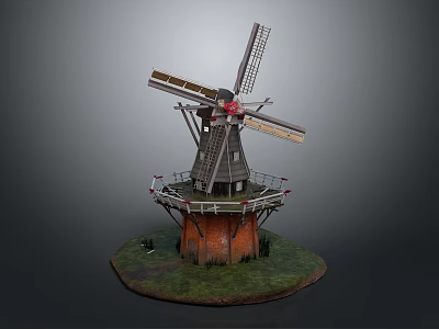 Detailed Wooden Windmill Model With White Blades Red Brick Base And Green Grass 3d model