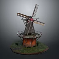 Detailed Wooden Windmill Model With White Blades Red Brick Base And Green Grass