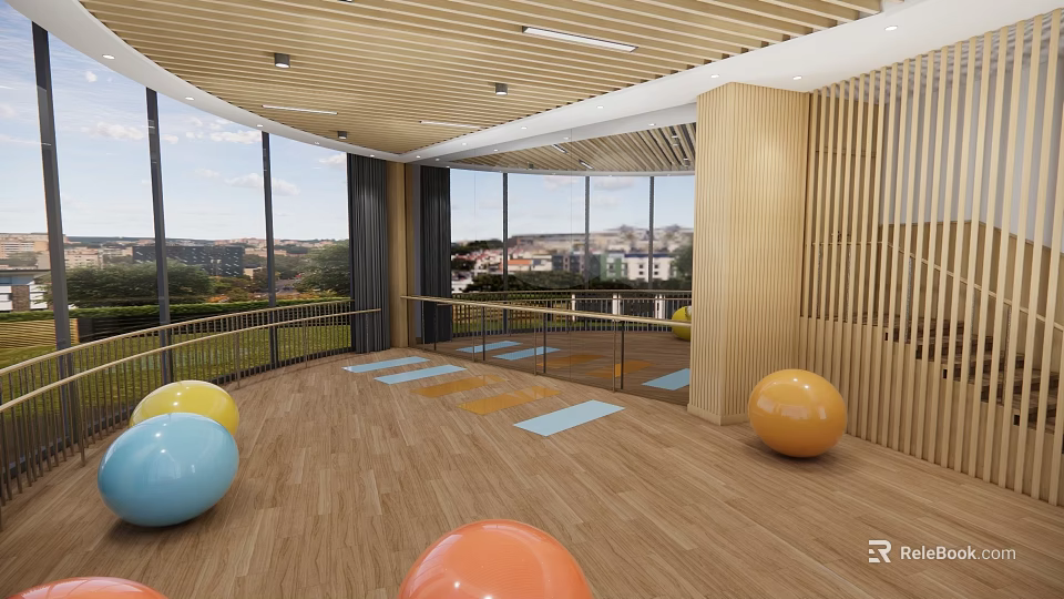 School Indoor Activity Room With Colorful Exercise Balls Wooden Flooring And Large Windows 3d model 