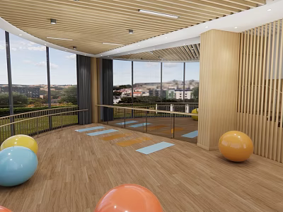School Indoor Activity Room With Colorful Exercise Balls Wooden Flooring And Large Windows 3d model