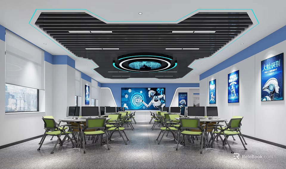 School Modern Tech Classroom With Computers Green Chairs Tables And Digital 3d model 