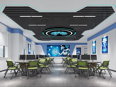 School Modern Tech Classroom With Computers Green Chairs Tables And Digital 3d model