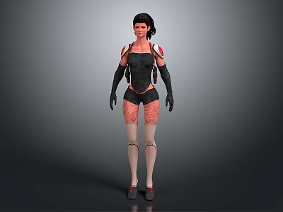 Woman In Black And Red Bodysuit With Mechanical Armor Arm And Leg Design 3d model