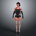Woman In Black And Red Bodysuit With Mechanical Armor Arm And Leg Design