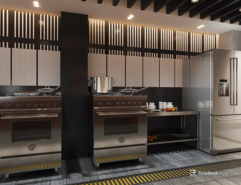 Modern Commercial Kitchen Interior With Stainless Steel Ovens Stovetops Cabinets And Slatted Ceiling 3d model 