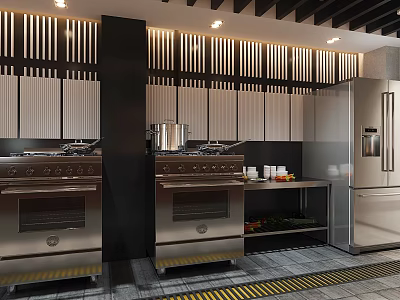 Modern Commercial Kitchen Interior With Stainless Steel Ovens Stovetops Cabinets And Slatted Ceiling 3d model