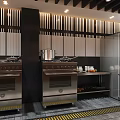 Modern Commercial Kitchen Interior With Stainless Steel Ovens Stovetops Cabinets And Slatted Ceiling