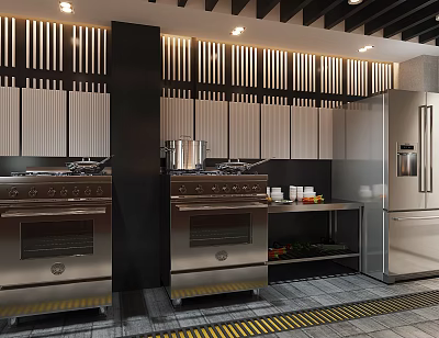 Modern Commercial Kitchen Interior With Stainless Steel Ovens Stovetops Cabinets And Slatted Ceiling 3d model