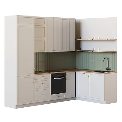 Modern Kitchen Interior With White Cabinets Black Oven Green Tile Backsplash Sink Faucet Open Shelves 3d model