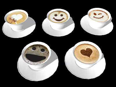 Coffee Cups With Heart And Smiley Face Latte Art On White Saucers 3d model