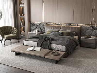 Modern Double Bed with Textured Headboard in Neutral Bedroom Wooden Floor and Armchair 3d model