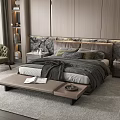 Modern Double Bed with Textured Headboard in Neutral Bedroom Wooden Floor and Armchair
