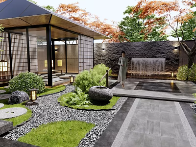 Serene Dry Landscape Garden Design With Zen Stones Raked Gravel Traditional Pavilion And Lush Greenery 3d model