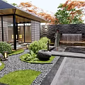 Serene Dry Landscape Garden Design With Zen Stones Raked Gravel Traditional Pavilion And Lush Greenery