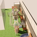 Outdoor Wooden Playground Equipment Featuring Stairs Slide Tower White Mesh Fence and Green Lawn