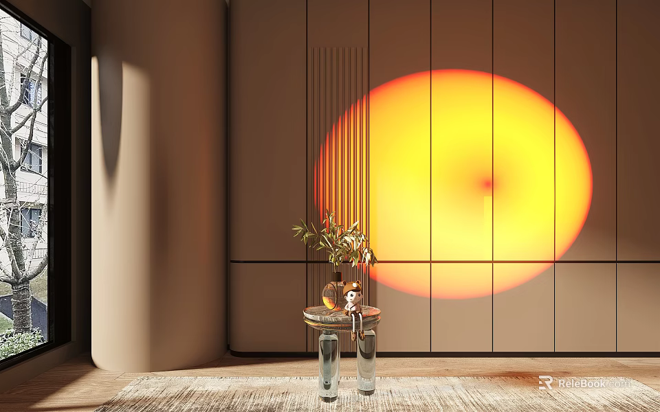 Warm Light Modern Interior Side Table With Glass Legs And Green Plant Decoration 3d model 