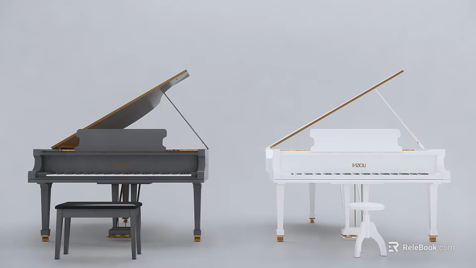 Stylish Musical Instruments Black And White Grand Pianos With Stools Standing Side By Side 3d model 