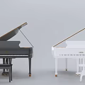 Stylish Musical Instruments Black And White Grand Pianos With Stools Standing Side By Side