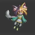 Gray Fur Animal Character Wearing Yellow Crown Green Kimono Red Decor Fluffy Tail Playful Pose
