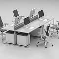 Modern Office Workstation Desk With Multiple Computer Monitors Ergonomic Office Chairs And Storage Drawers