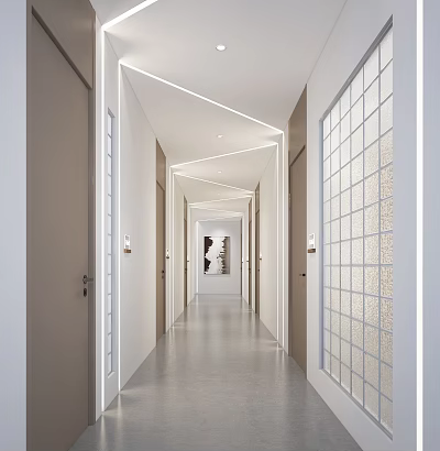 Modern Hotel Corridor With Linear Lighting Glass Grid Panels And Wooden Doors 3d model