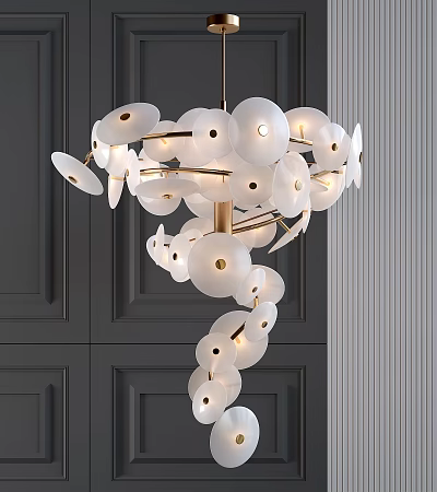 Modern Chandelier With White Circular Shades And Golden Metal Frame Hanging Against Dark Wall 3d model