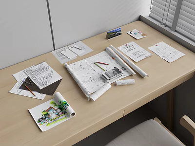 Design Workspace With Rolled Up Plans Drawings Colored Pencils And Stationery On Wooden Desk 3d model