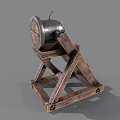 Medieval Wooden Siege Weapon With Triangular Support Frame And Circular Projectile Holder 3d model